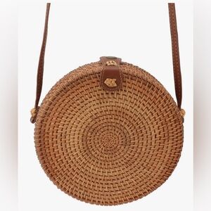 Round Woven Tan Crossbody Bag with Leather Strap
